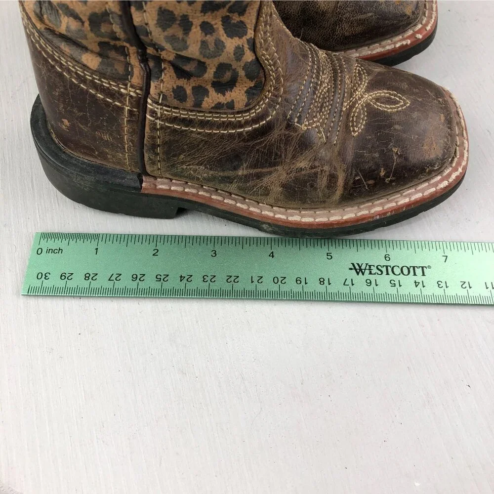 Dan Post Kids Size 8.5D Makucha Brown Leather Leopard Square Toe Boots FAIR